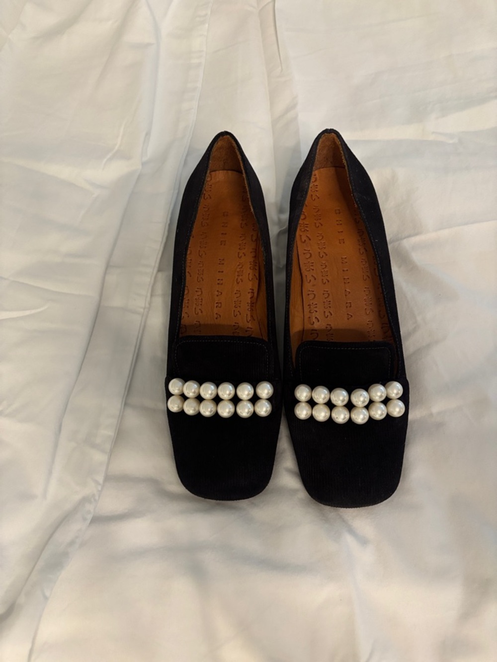 Chie Mihara Black Velvet Loafers with Pearl Trim